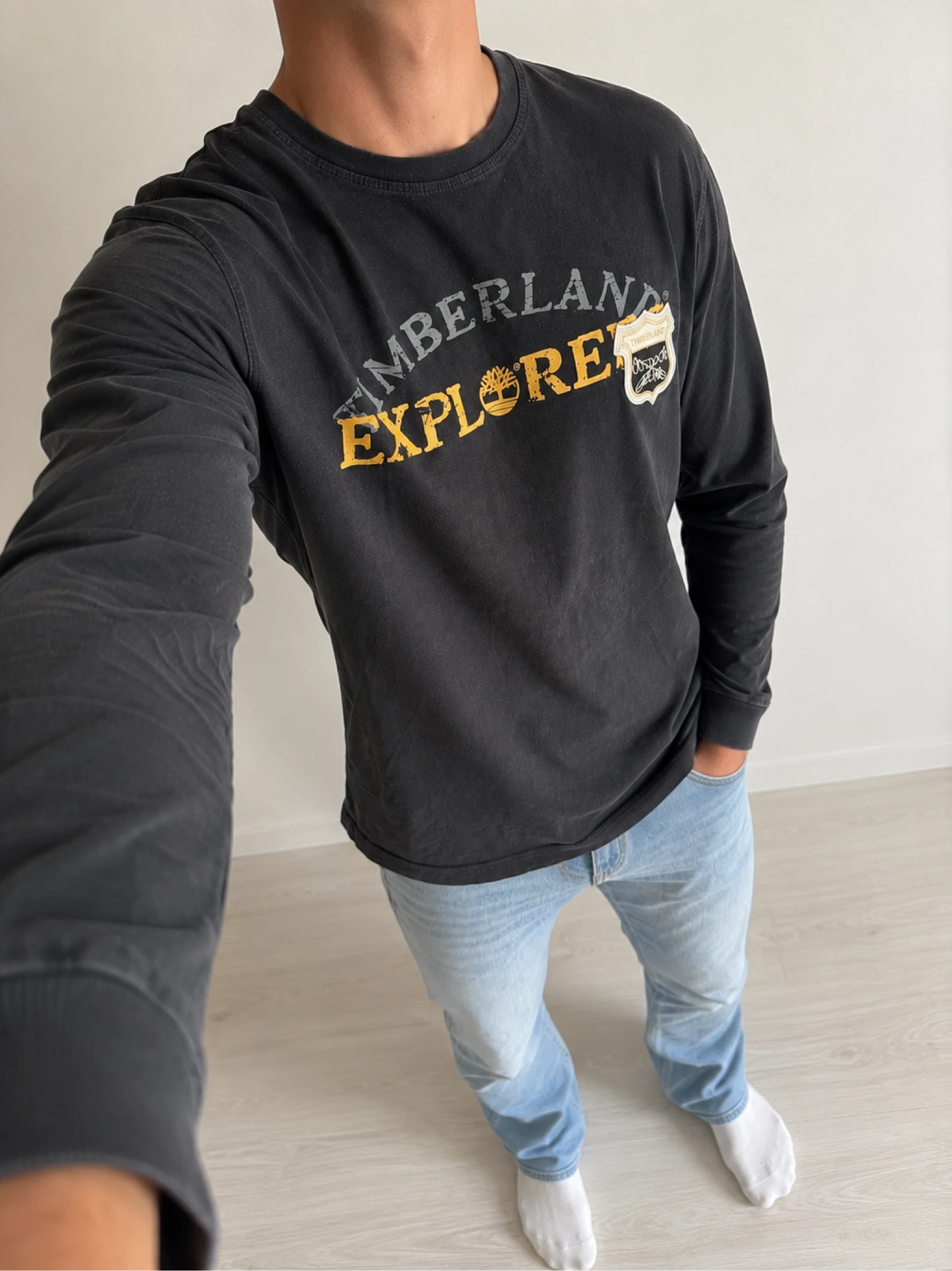 Timberland Explore T-shirt Manches Longues Noir Logo Outdoor Homme S Vintage Streetwear Coton